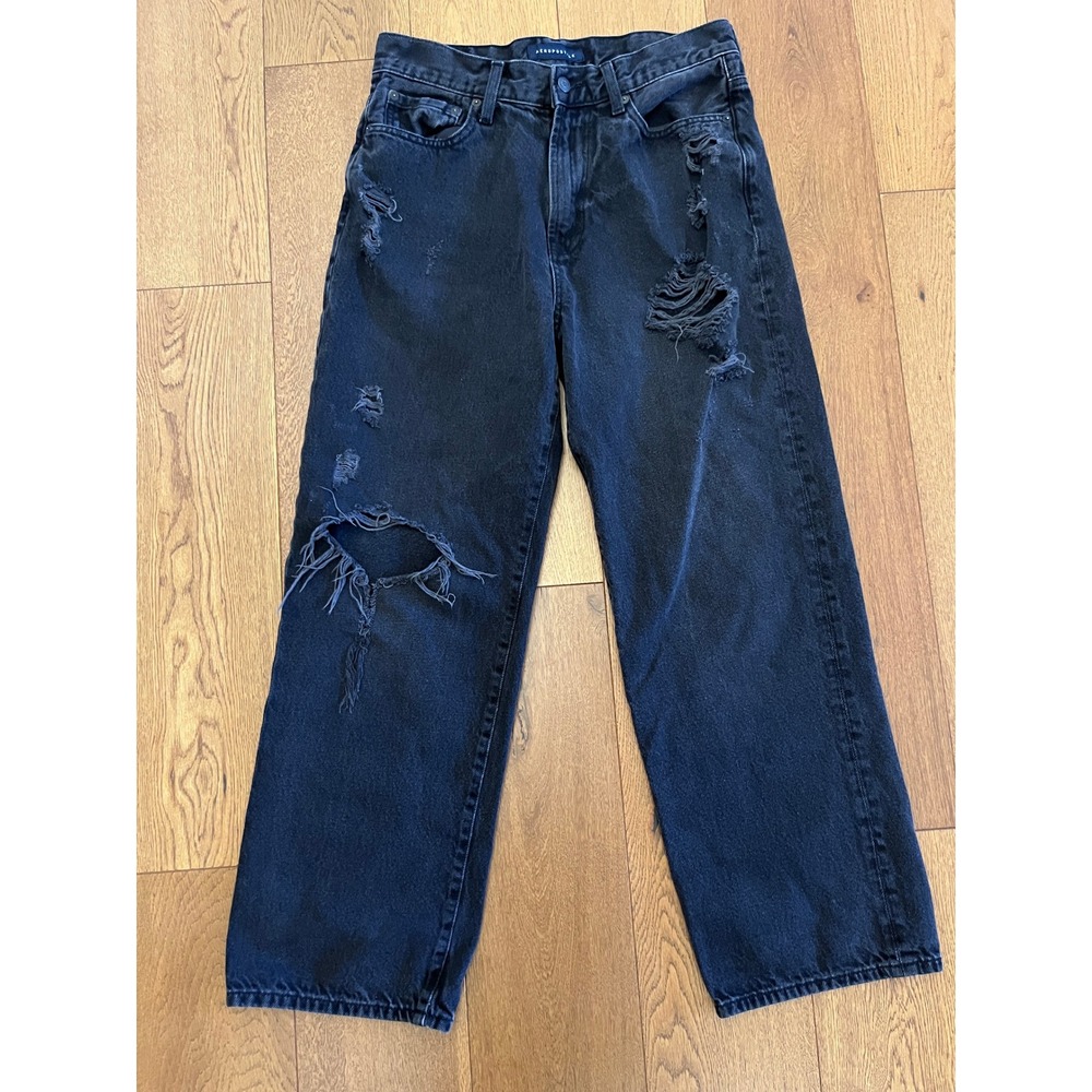 Aeropostale Baggy Jeans Mens 30 Black Excellent Thrashed Distressed Skater Leg